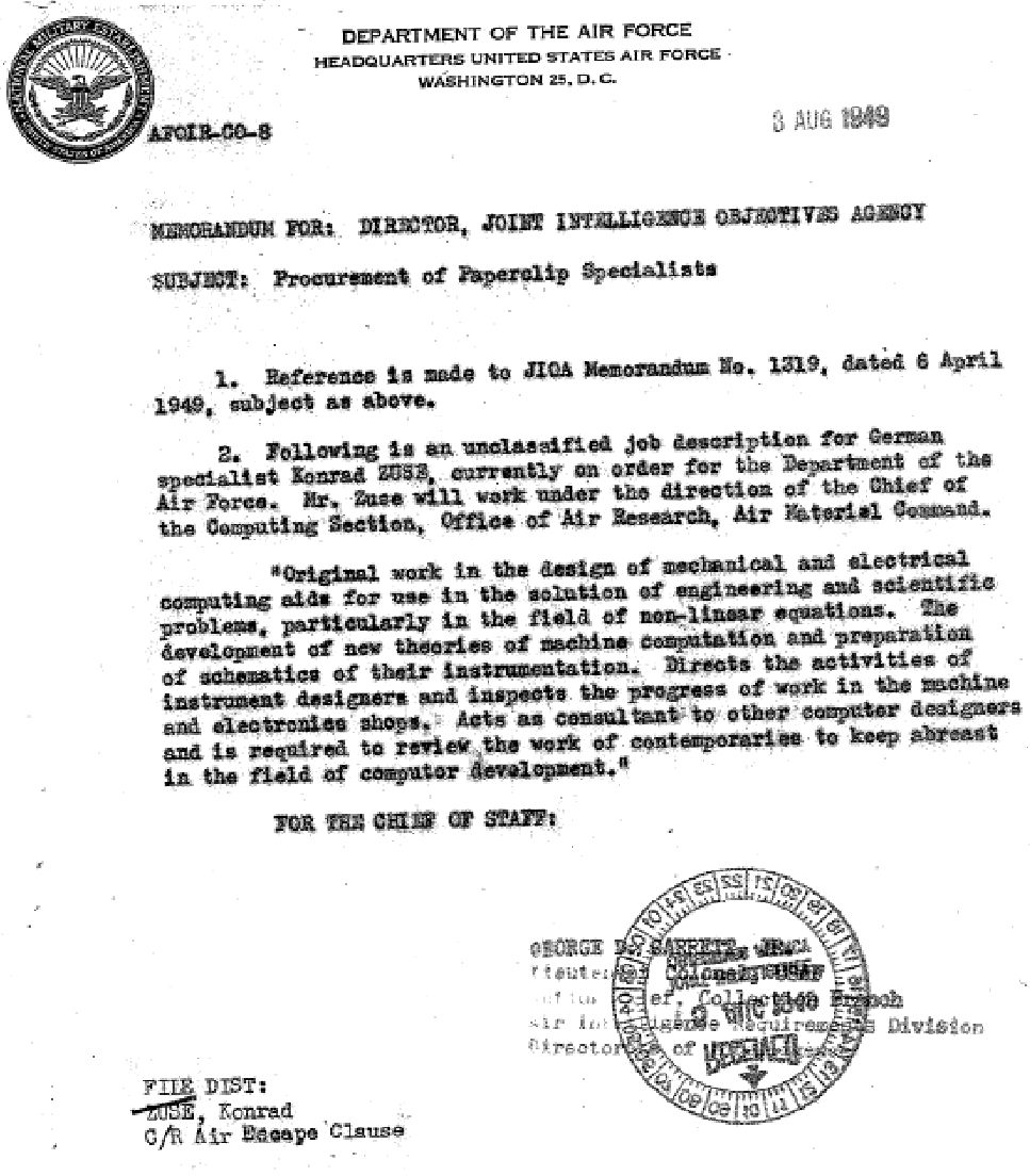 Stellenangebot der US Air Force für Konrad Zuse von 1949 (Foto National Archives)