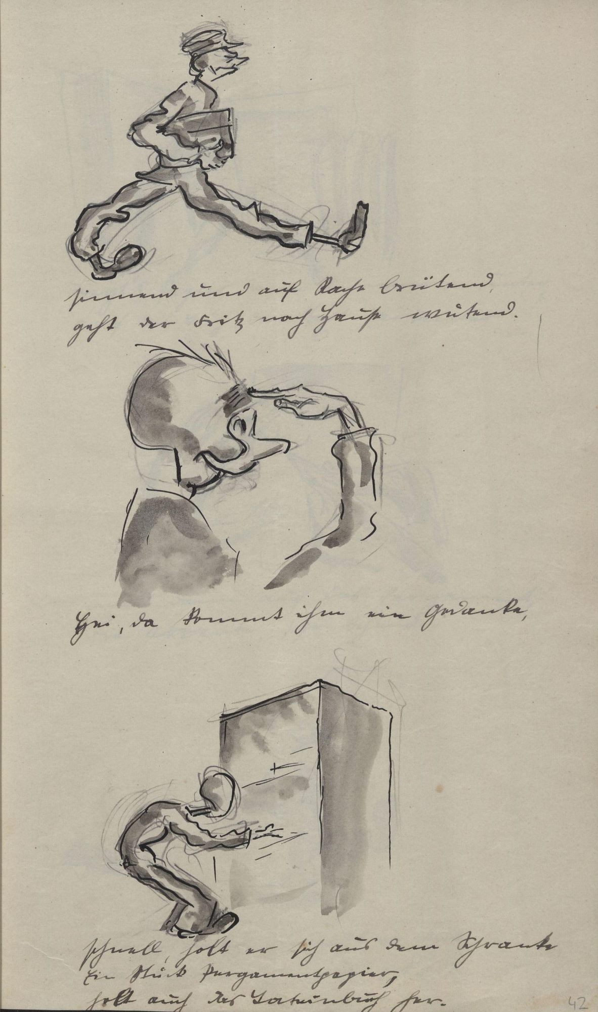 sinnend und auf Rache brütend geht der Fritz nach Hause wütend. Hui, da kommt ihm ein Gedanke, schnell holt er sich aus dem Schranke ein Stück Pergamentpapier, holt auch das Lateinbuch her.