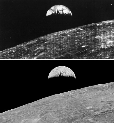 Lunar-Orbiter-Foto in analoger Form (oben) und neu digitalisiert (unten)